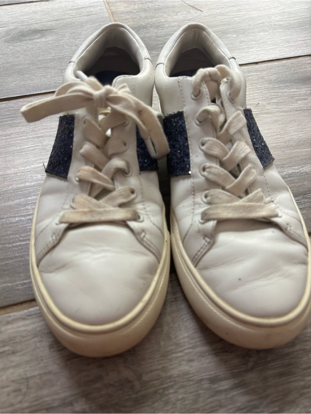 Tory Burch Classic white leather lace up sneakers with navy glitter side panels. - Picture 2 of 7